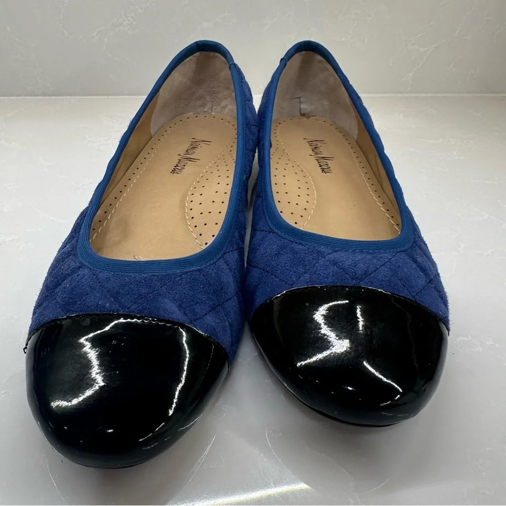 Neiman Marcus Quilted Suede Ballet Flats Navy Blue Black Patent Cap Toe Size 8